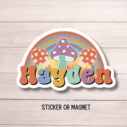Rainbow Mushroom Cottagecore Custom mushroom sticker Fungi magnet personalized Water bottle name sticker Magic name Retro name aesthetic