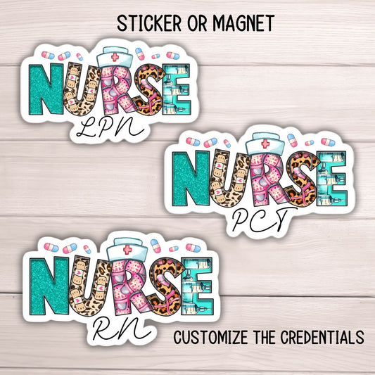 Registered nurse Custom nurse name personalized nurse magnet sticker RN Retro font  Floral Name Personalized healthcare LVN CNA name gift