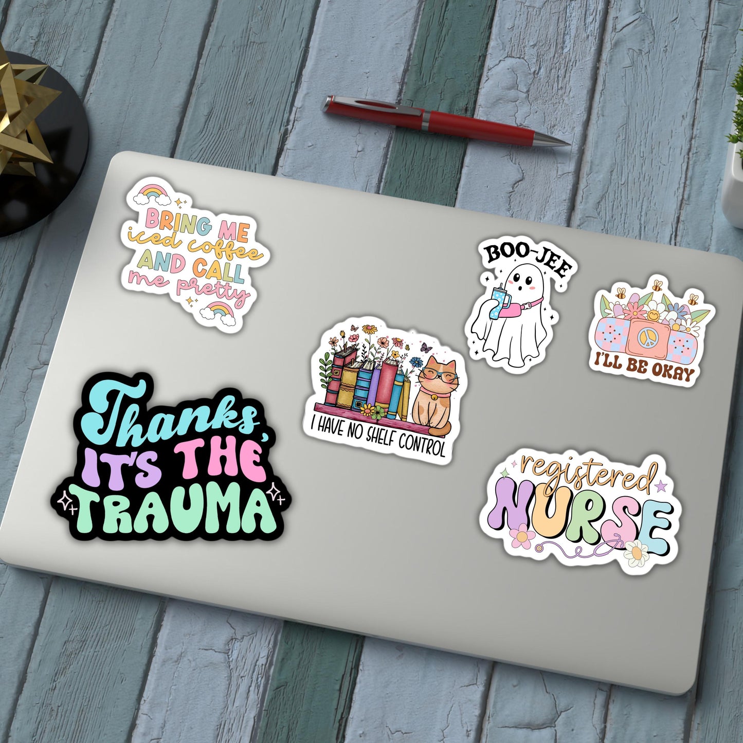 Thanks It’s The Trauma Sticker holographic adult retro wavy Mental Health anxiety introvert gift Therapy lap top waterproof water bottle