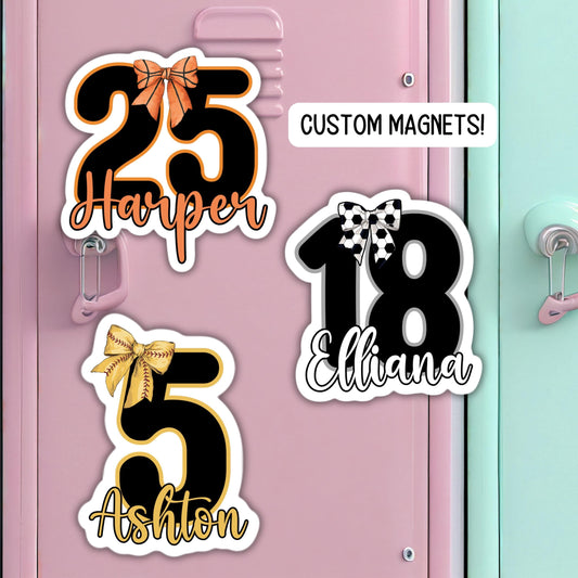 Coquette basketball soccer softball Custom number name magnet team gift girls bow name personalized sports magnet school locker decoration