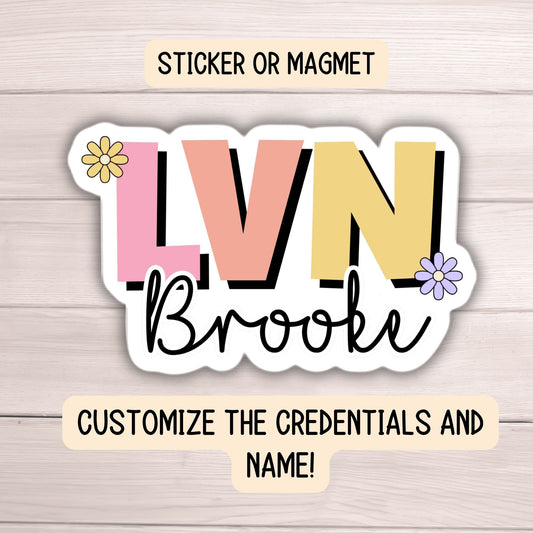 Custom nurse name personalized nurse magnet sticker Registered nurse RN Retro font Floral Name Personalized healthcare LVN CNA name gift