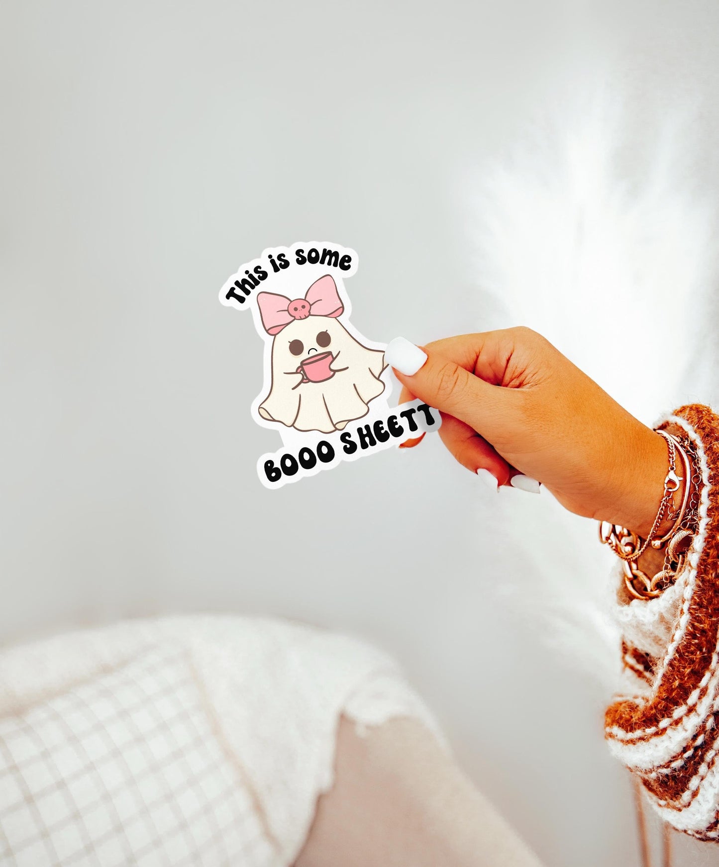 Cute ghost with coquette bow funny halloween sticker magnet