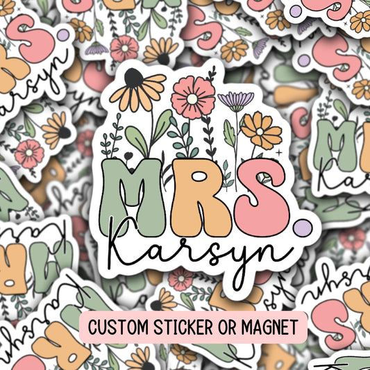 Personalized Teacher Name Sticker Teacher gift Custom wildflowers Teacher name sticker Mrs Ms miss teacher Magnet Retro font Floral planner