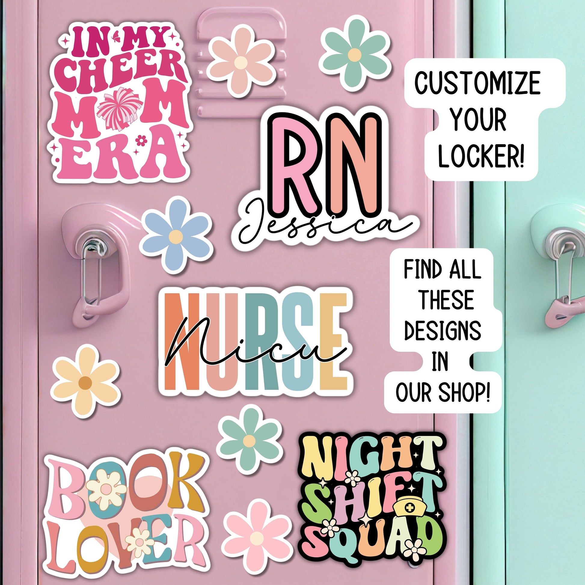 a pink refrigerator with lots of stickers on it