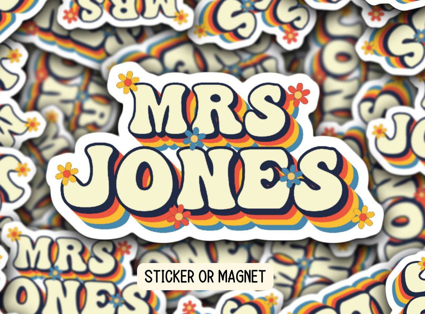 Custom teacher gift Teacher name sticker Personalized teacher sticker Custom Teacher Name Magnet Daisy flower Aesthetic Retro font Floral