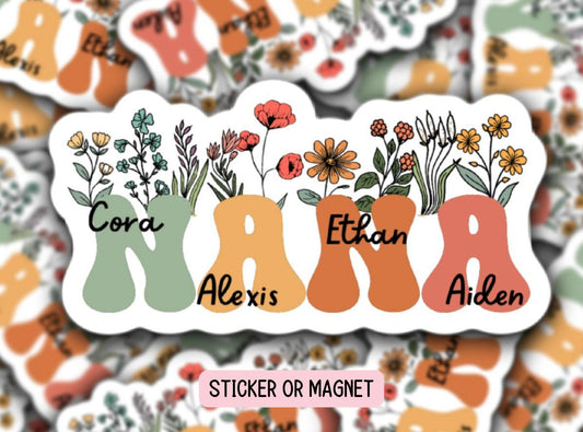 Retro floral Nana sticker, Personalized Grandma stickers, Custom Name Stickers, Aesthetic stickers, Mother's day gift, Grandkids names gift