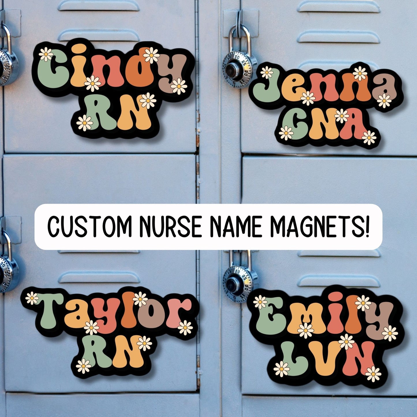 Registered nurse Custom nurse name personalized nurse magnet sticker RN Retro font name Floral Name Personalized name LVN CNA name gift