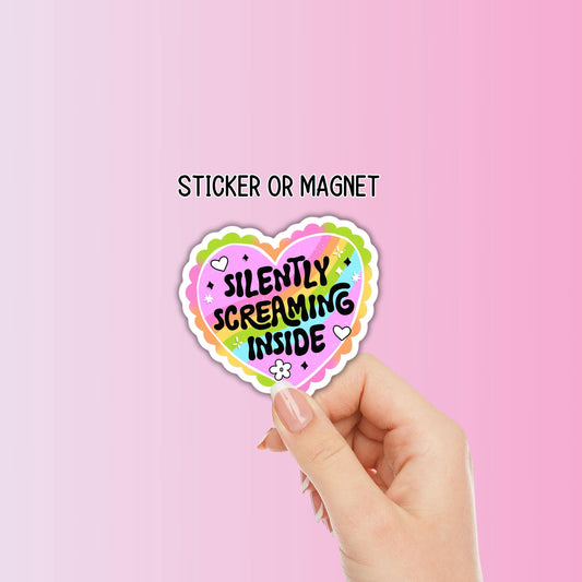Silently screaming inside sticker introvert mental health adult punny trendy rainbow retro magnet Overthinker 90s nostalgia Laptop Ereader