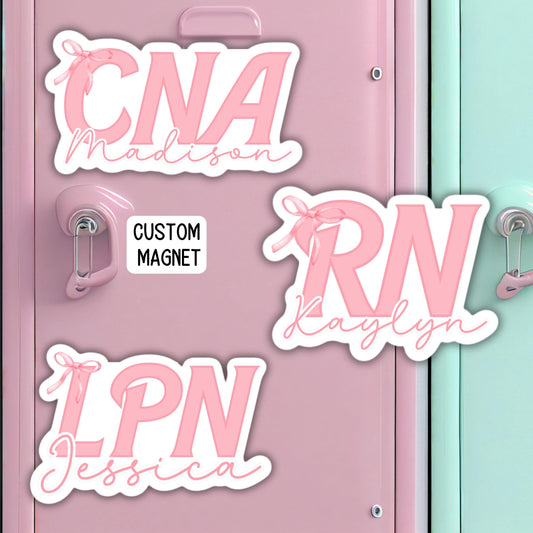 Coquette Registered nurse Custom name personalized nurse magnet sticker RN Ribbon bow Credentials Name healthcare LVN CNA locker decor