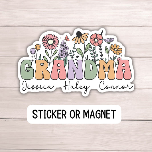 Custom Grandma gift sticker Personalized sticker Custom Name Stickers Aesthetic sticker Mother's day gift Grandkids names gift wildflowers