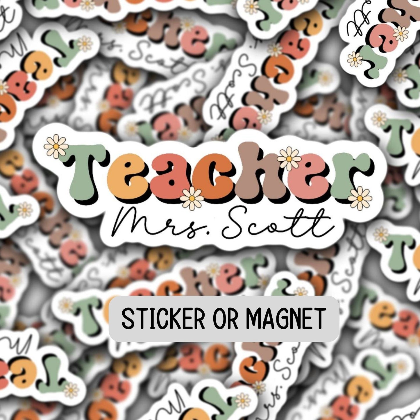 Custom teacher gift Teacher name sticker Personalized teacher sticker Custom Teacher Name Magnet Wildflowers Aesthetic Retro font Floral
