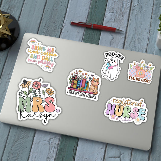 Personalized Teacher Name Sticker Teacher gift Custom wildflowers Teacher name sticker Mrs Ms miss teacher Magnet Retro font Floral planner