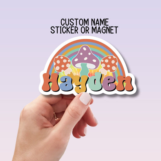 Rainbow Mushroom Cottagecore Custom mushroom sticker Fungi magnet personalized Water bottle name sticker Magic name Retro name aesthetic