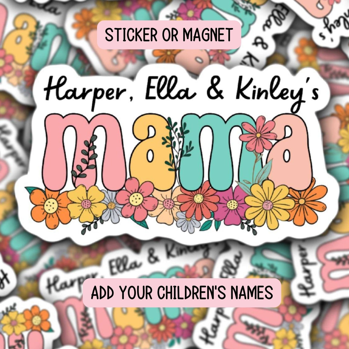 Personalized mama sticker name sticker kids sticker mom sticker kids mommy name sticker magnet Retro font Wildflowers floral sticker Gift