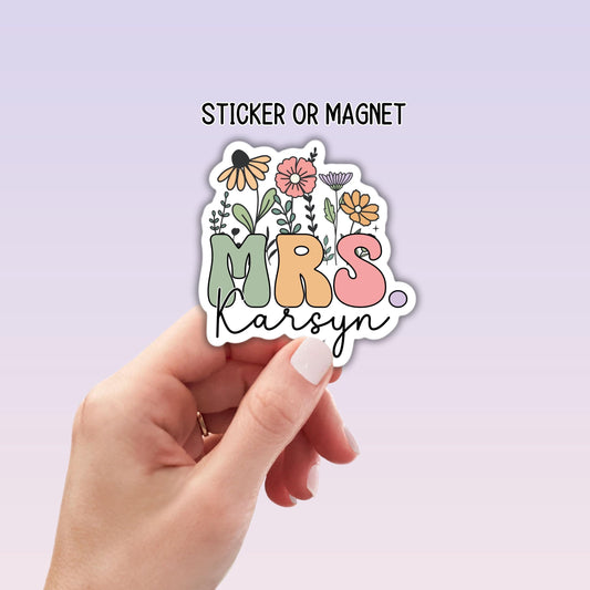 Teacher custom name floral wildflowers mrs miss sticker magnet