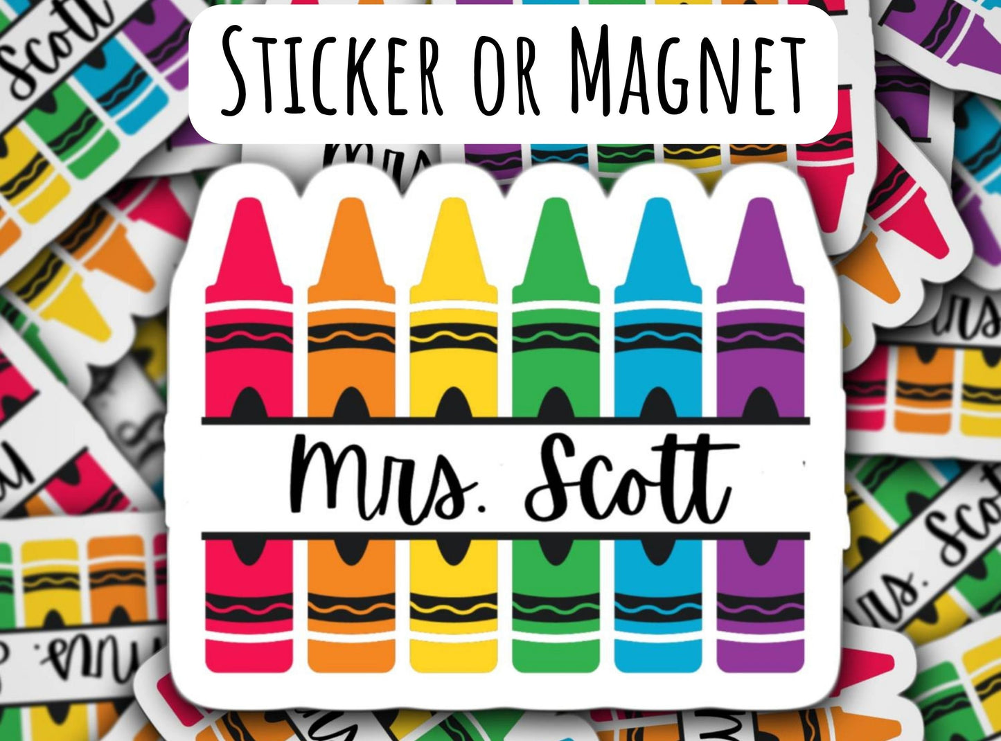 Teacher gift, custom teacher magnet, teacher name sticker, personalized gift, back to school, first day of school, crayons, water bottle,