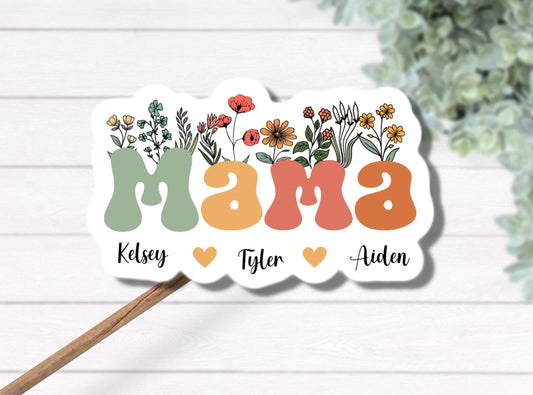 Retro Mom sticker, Personalized mama sticker, name sticker, floral boho sticker, kids mommy name sticker, magnet, Retro font, hippie retro