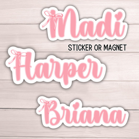Coquette Ribbon Bow Personalized name sticker pink Custom name Bow sticker bow Custom Name locker magnet water bottle name gift kids name